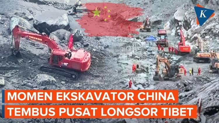 Momen Ekskavator China Pertama Kali Tembus Jantung Bencana Longsor di Tibet