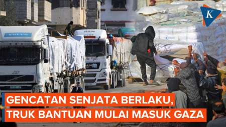 Penampakan Konvoi Truk Bantuan Masuk Gaza Usai Gencatan Senjata Berlaku