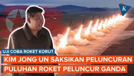 Momen Kim Jong Un Saksikan Peluncuran Puluhan Roket Peluncur Ganda Super Besar Milik Korut