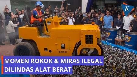 Momen Jutaan Batang Rokok Dan Miras Ilegal Dilindas Alat Berat