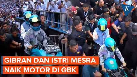 Momen Kemesraan Gibran Bonceng Istrinya Naik Motor Belah Lautan Massa di GBK