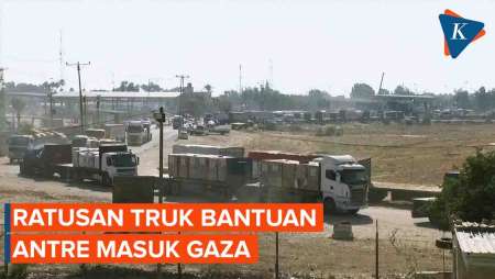 Penampakkan Antrean Truk Bantuan Menunggu Jeda Kemanusiaan di Gaza