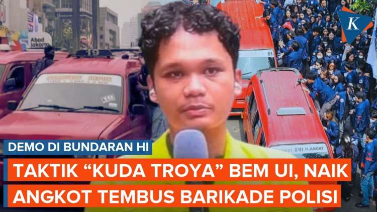 Image accompanying Taktik Kuda Troya ala Mahasiswa UI, Pakai Angkot Tembus Barikade Polisi di Bundaran HI, from Kompas.com