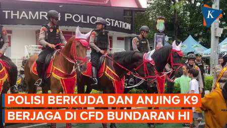 Warga Berswafoto dengan Polisi Berkuda dan Polisi Satwa di Car Free Day Bundaran HI Jakarta