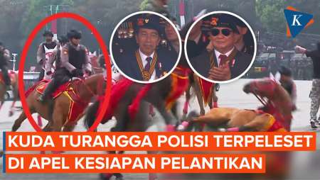 Tiba-tiba Jatuh! Begini Momen Kuda Polisi Terpeleset di Apel Kesiapan Pelantikan Presiden