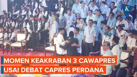 Cak Imin, Gibran, Mahfud MD Berpelukan Usai Nonton Debat Capres Pertama