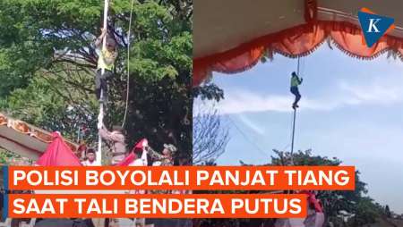 Heroik! Polisi di Boyolali Panjat Tiang Bendera Selamatkan Tali Terlepas