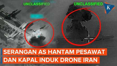 Detik-detik Kapal Induk Drone Iran Terbakar Dihantam Serangan AS