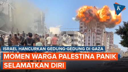 Momen Warga Palestina Panik Meninggalkan Gedung yang Dibom Israel